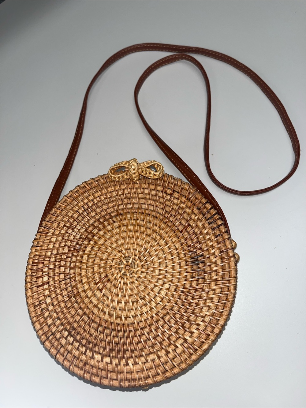 Source Unknown Woven Round Crossbody Bag - Brown with Gold Hardware